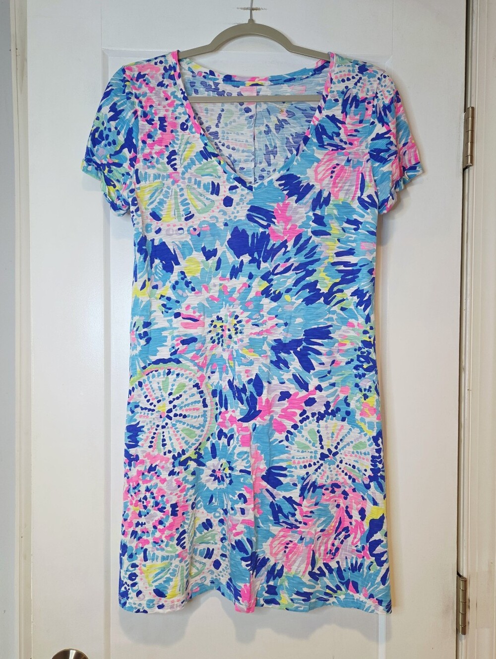 Lilly Pulitzer Blue Pink Floral Cotton V Neck T Shirt Mini Dress S